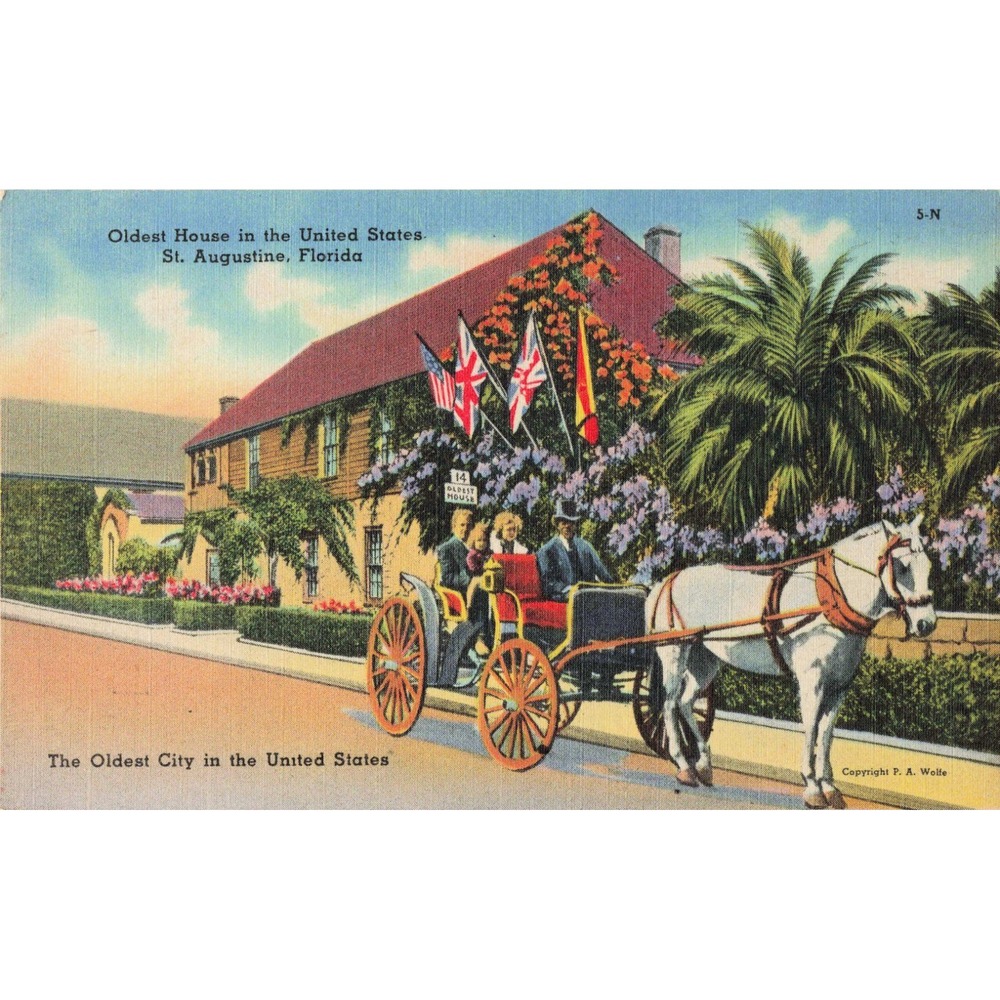 Vtg St Augustine Florida Oldest House Linen Postcard Tichnor 5-N - Picture 1 of 2
